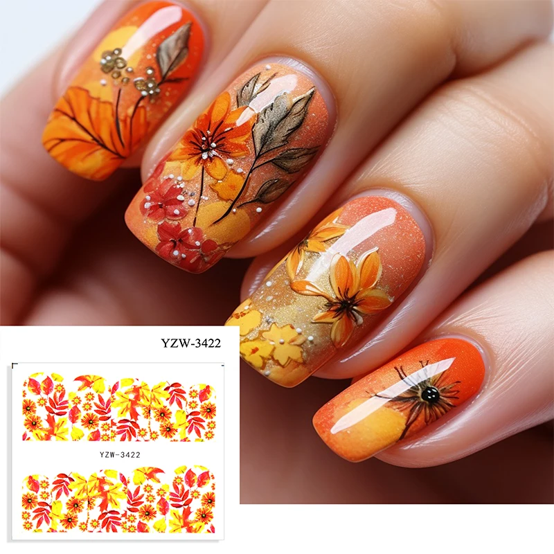 

Maple Leaf Nail Art Sticker Geometric Line Pumpkin Letter Water Transfer Tattoo Decal Autumn Decoration Foil