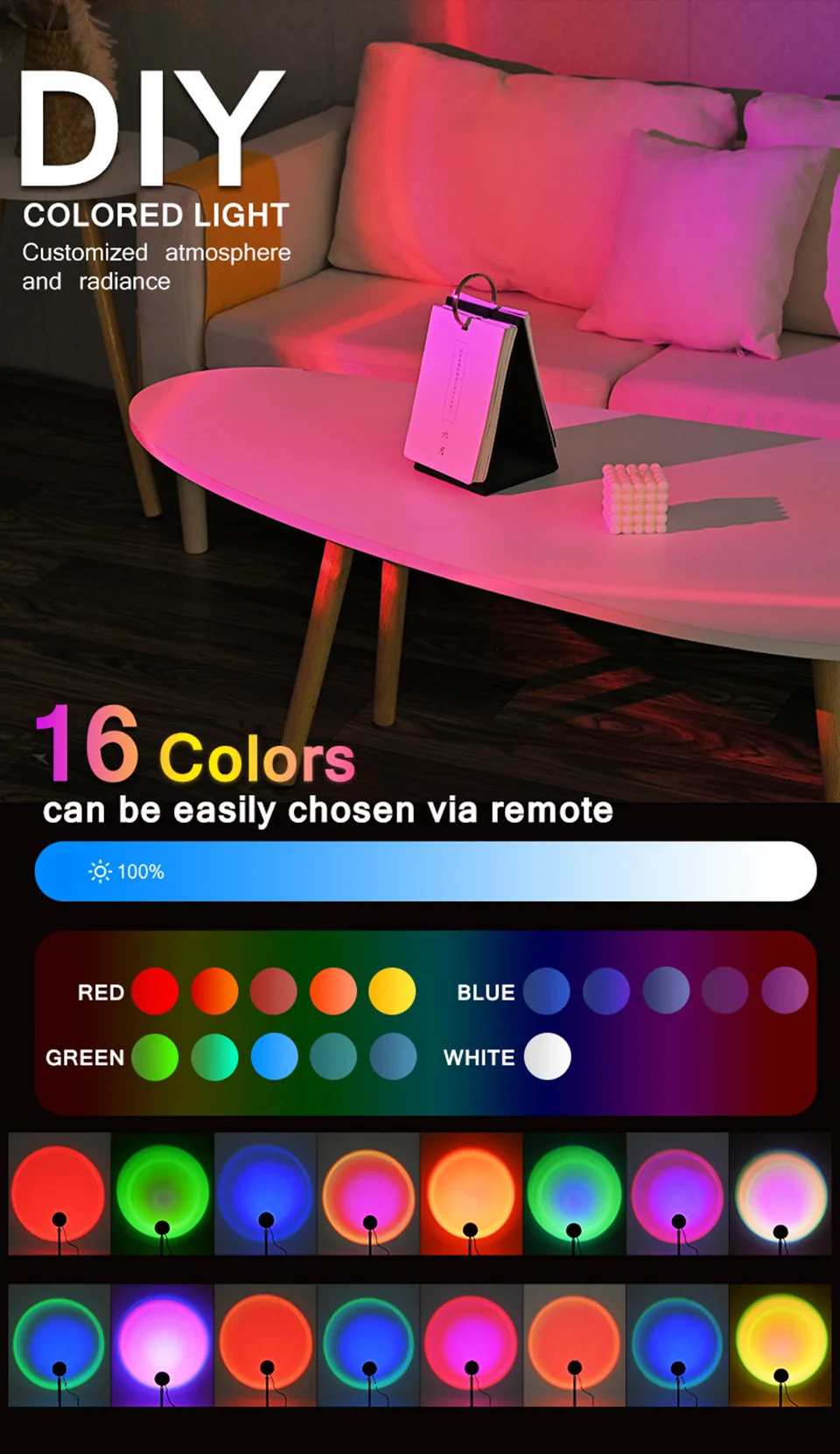 16 Colors Sunset Light USB LED Projection Desk Lamp Remote RGB Night Light Ambient Lighting for Photography Party Room Decor