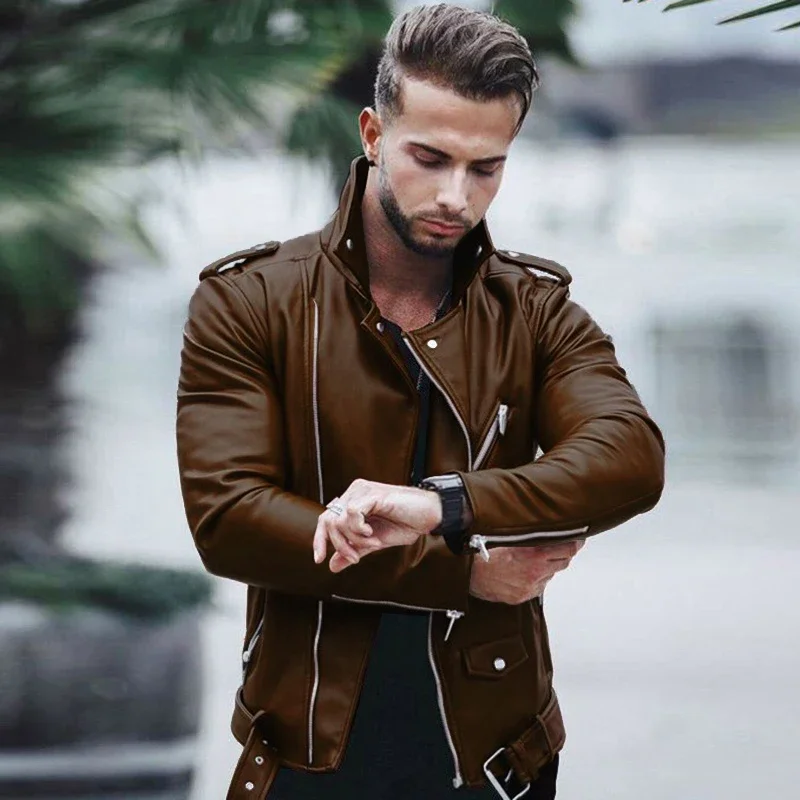 Autumn  Winter  European  and American  Fashion PU Coat Men's Jacket Brand Clothing Large Size  Zipper Motorcycle Leather Jacket