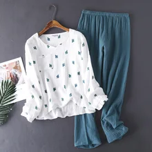 Pyjama cactus en crêpe de coton pour femme, pantalon à manches longues, confortable, service à domicile, nouveau style japonais, printemps et automne