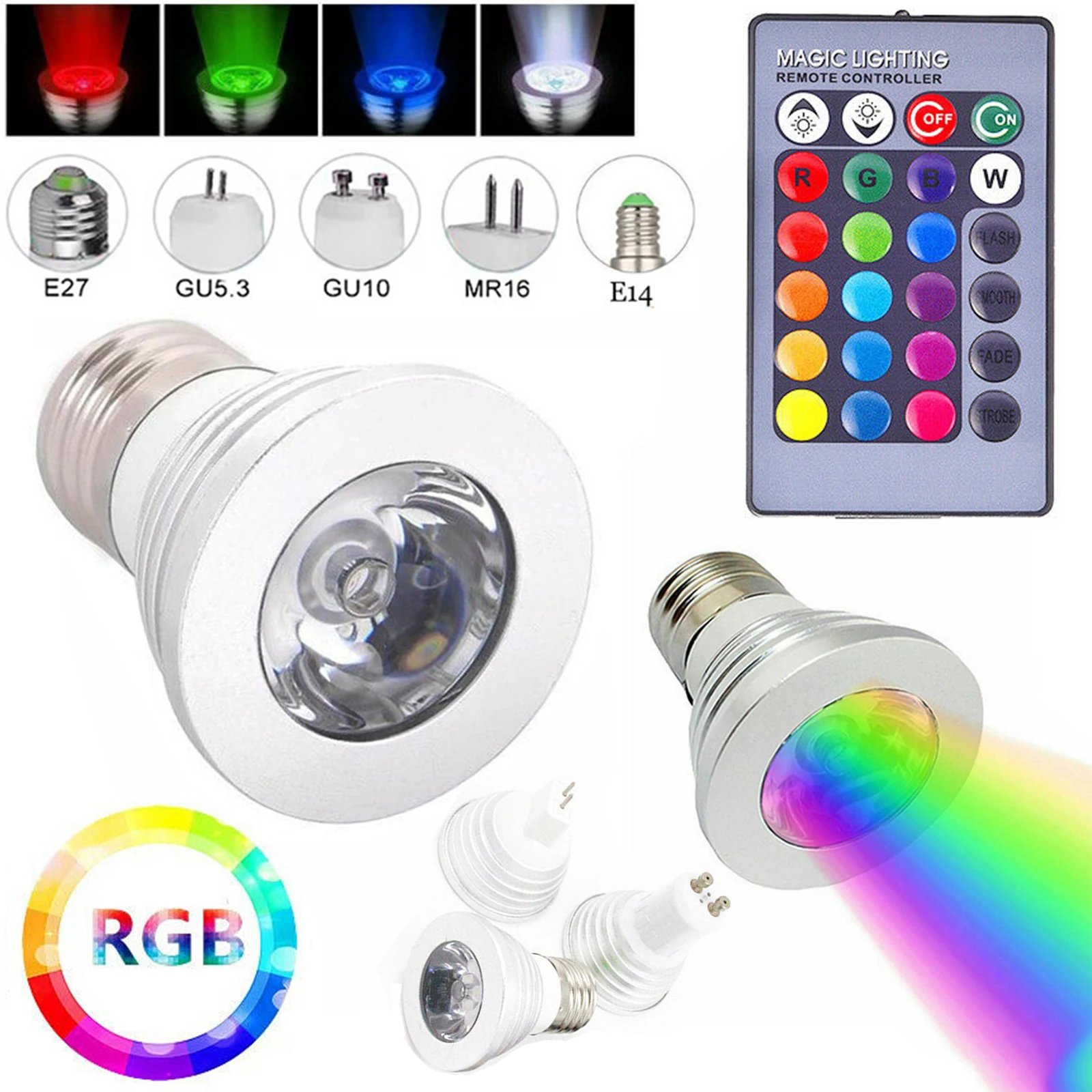 LED Spotlight RGB 3W E27 E14 GU10 GU5.3 MR16 With 24keys Remote Control Color Dimmable Light Bulbs for Home Decoration