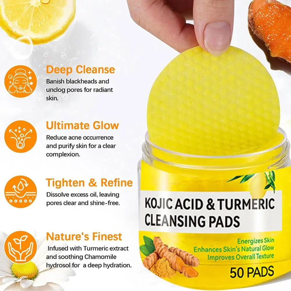 Turmeric Cleansing Pad Kojic Acid Sponges Exfoliating Pads-Acne Scars 50pcs Lemon Chamomile Deep Cleaning For Face Care Products 5