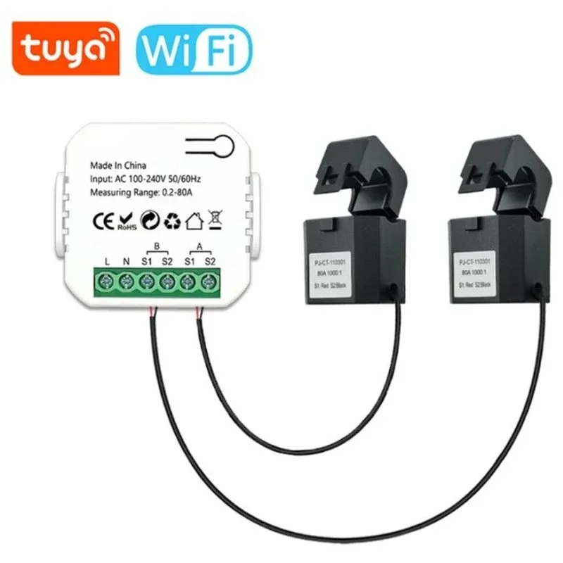 센서 전류 상호 인덕턴스 에너지 계량기 80A W/클램프 CT 0.2-80A, 투야 스마트 라이프 와이파이 전기 액세서리, 1 개