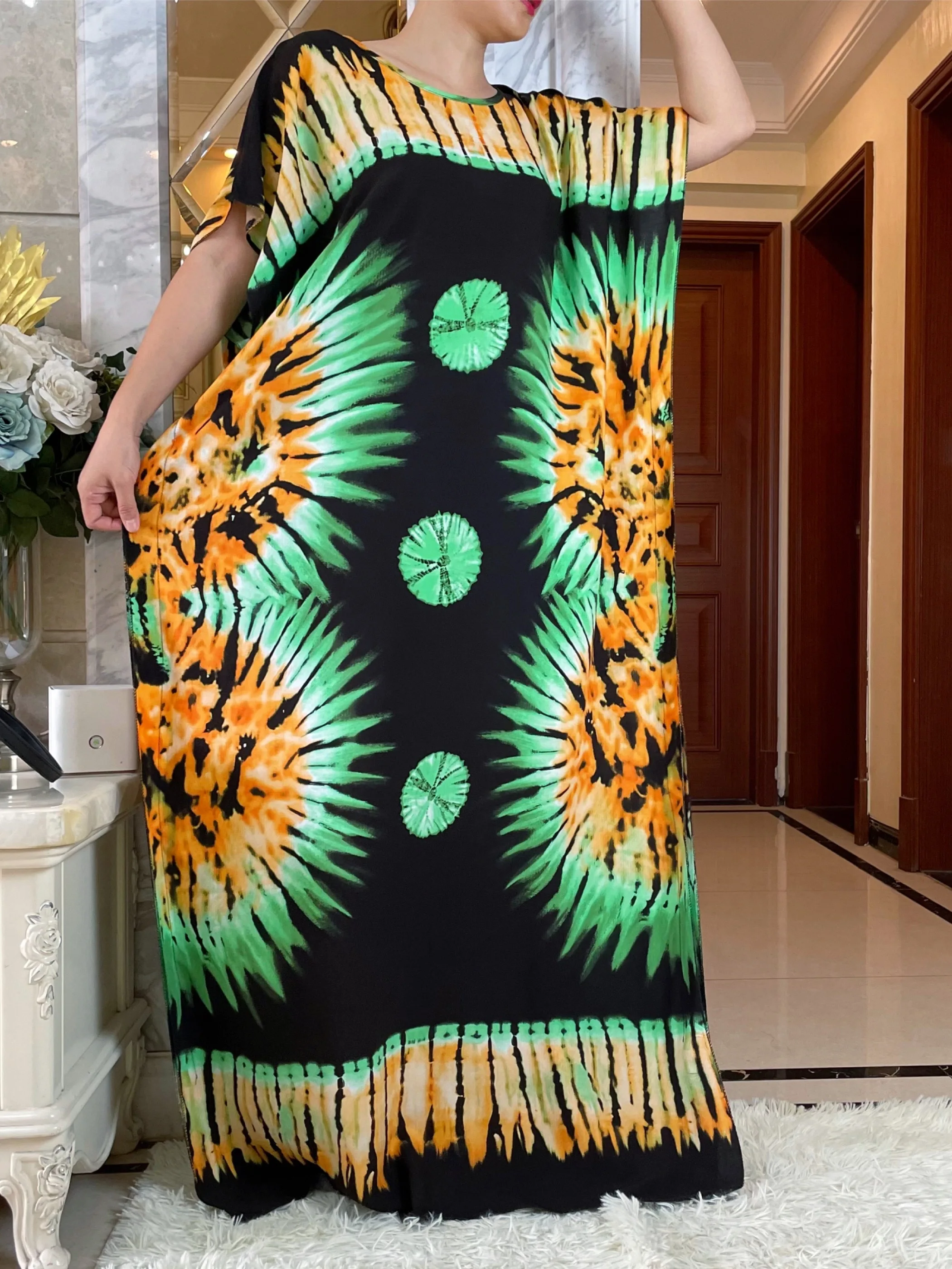 2024New African Women's Summer Short Sleeve Dashiki Cotton Floral Dress Printed Loose Caftan Abaya With Big Scarf Casual Vestido