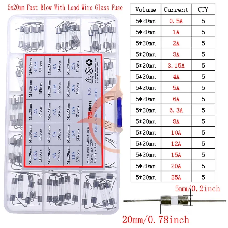 5x20 5x25 6x30 3.6x10mm Slow Fast Blow Glass Ceramic Fuse With Lead Wire Mix kit 0.1A0.2A0.5A1A2A3.15A4A5A6.3A8A10A15A16A20A30A glass fuse kit