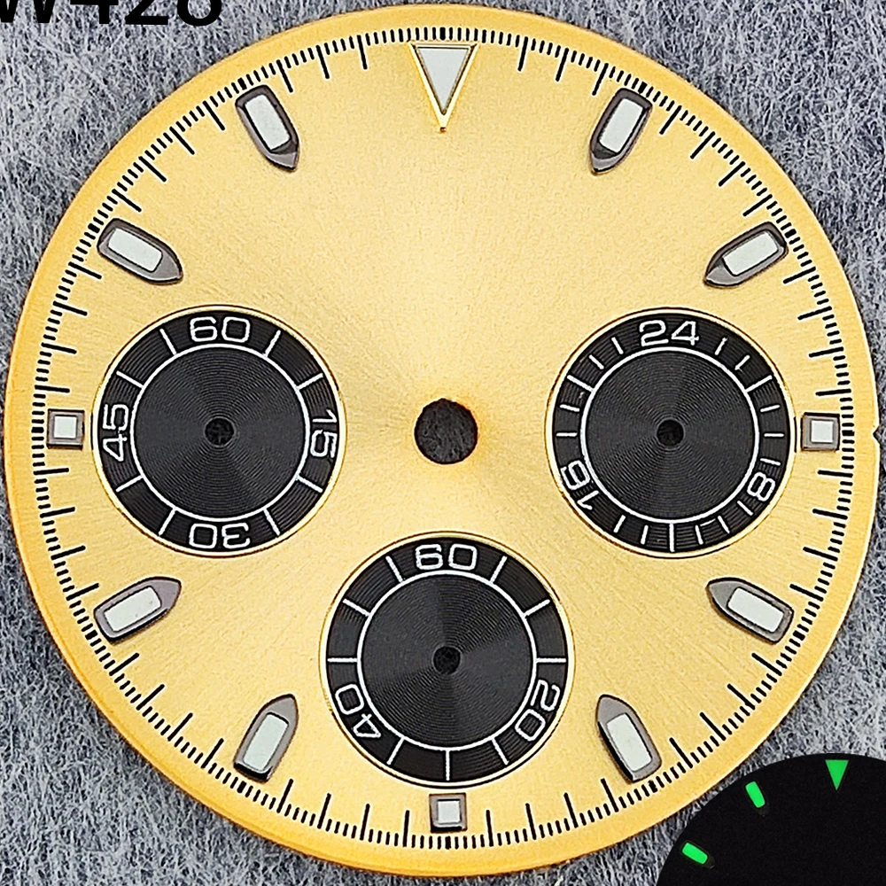 29.5mm Green Luminous Chronograph Dial with 6 Hands for Quartz Movement Watches