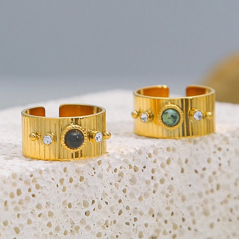 18K Gold Plated Stainless Steel Rings for Women Natural Stone Zircon Luxury Aesthetic Wedding Jewelry