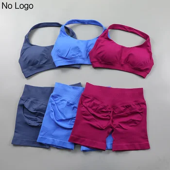 Set of fitness shorts Women's seamless yoga set 2 pieces Halter Sports bra Scrunch Butt Gym shorts Set Training clothing Summer sportswear 1