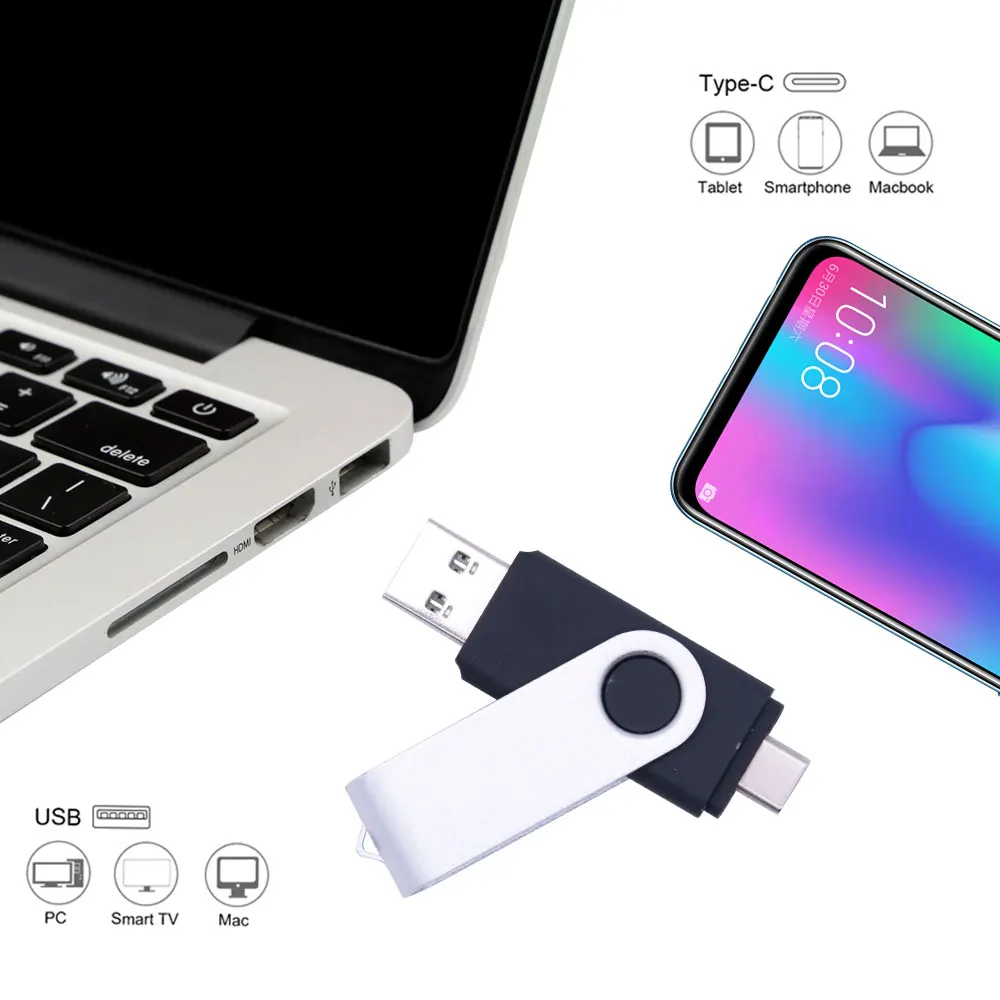 금속 USB 플래시 드라이브, 2 in 1 USB 2.0 C 타입 OTG 펜 드라이브, 4GB, 16GB, 32GB, 64GB, 128GB, 고속 USB 스틱 펜드라이브, 키 체인 포함