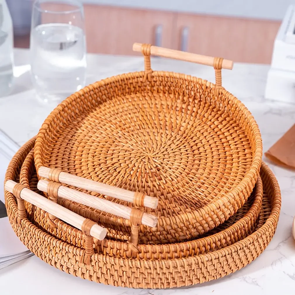 1PC Woven Rattan Storage Basket with Strap Handle round Tray for Bread Snacks Fruits Picnic - Home Organization Basket