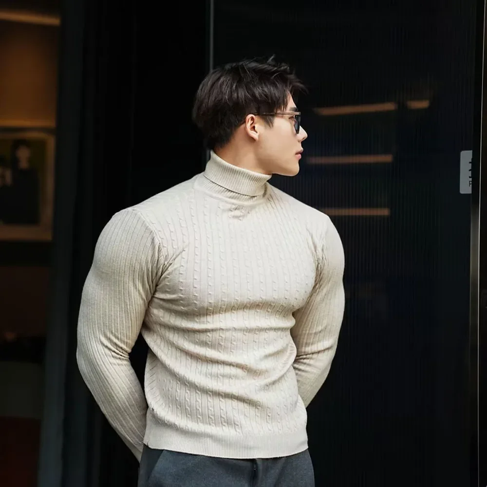 New Men's Turtleneck Sweaters Autumn Knitted Striped Streetwear Warm Long Sleeved Pullover Solid Color Basic Style Casual Tops 4