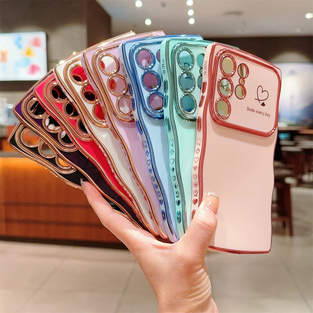 Luxury Plating Love Heart Wave Edge Big Window Phone Case Cover