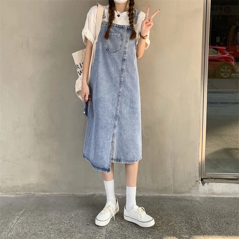 

Fashion Women Denim Strap Dress Vintage Chic Split Solid Sleeveless Dresses New Korean Style Loose Vestidos Female