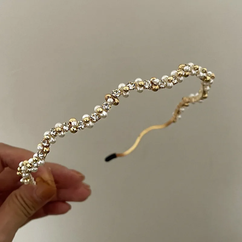 Koreanische Luxus Stoff Imitation Perle Stirnbänder für Frauen Twisted Super Shiny Blatt Voller Strass Haar Hoop Trendy Zubehör – Detail 7