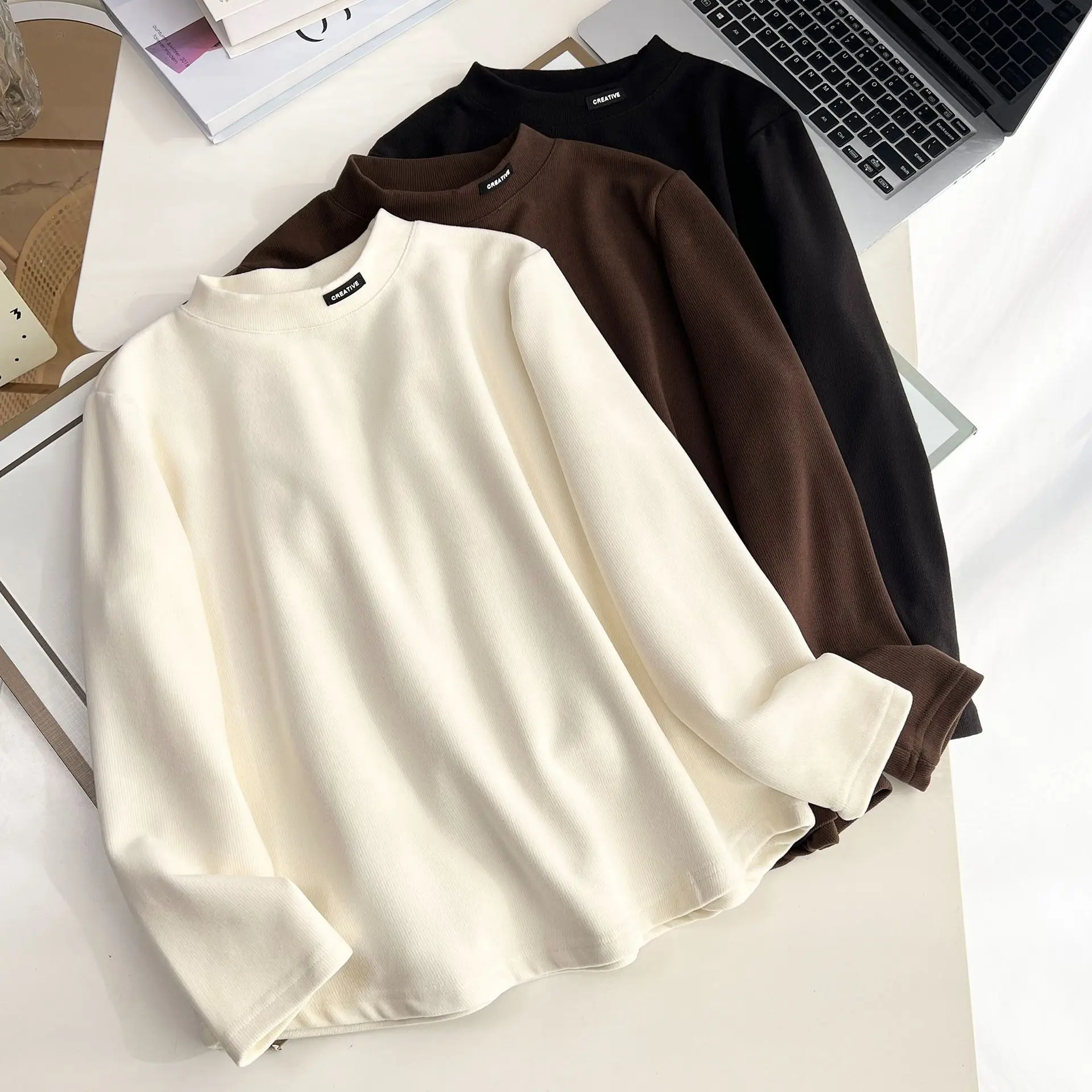 XXXXL Fashion Plus Size Women's T-Shirt Autumn And Winter Style Simple Elegant Long Sleeved Label Fleece Warm Inside Tops 8088