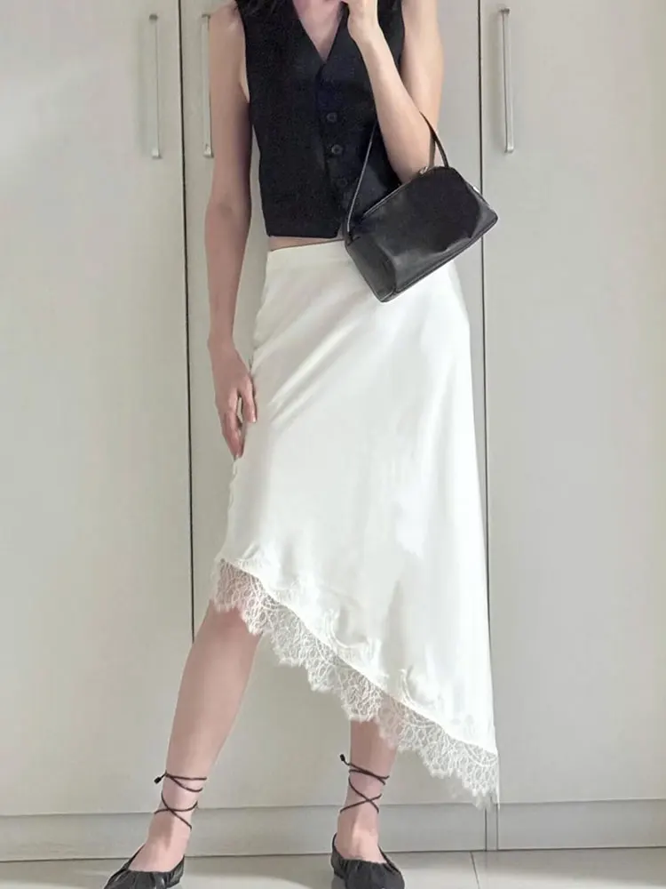 HH Women Elegant Fashion Lace Skirt Asymmetrical Hem Slim High Waist Long Skirts Spring Summer High Street Lady Chic Skirt