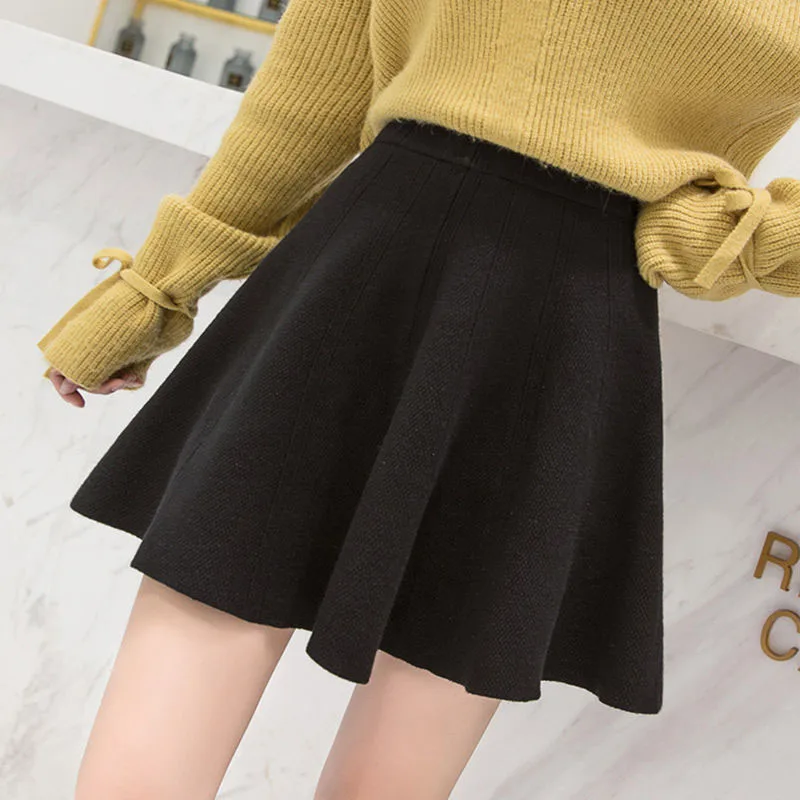 Solid Color Basic Knitted Mini Skirts Women New Autumn Winter Elastic Waist A-Line Skirts Ladies Korean All Match Pleated Skirt S99612764dd2c4543875d8ba105938f6am