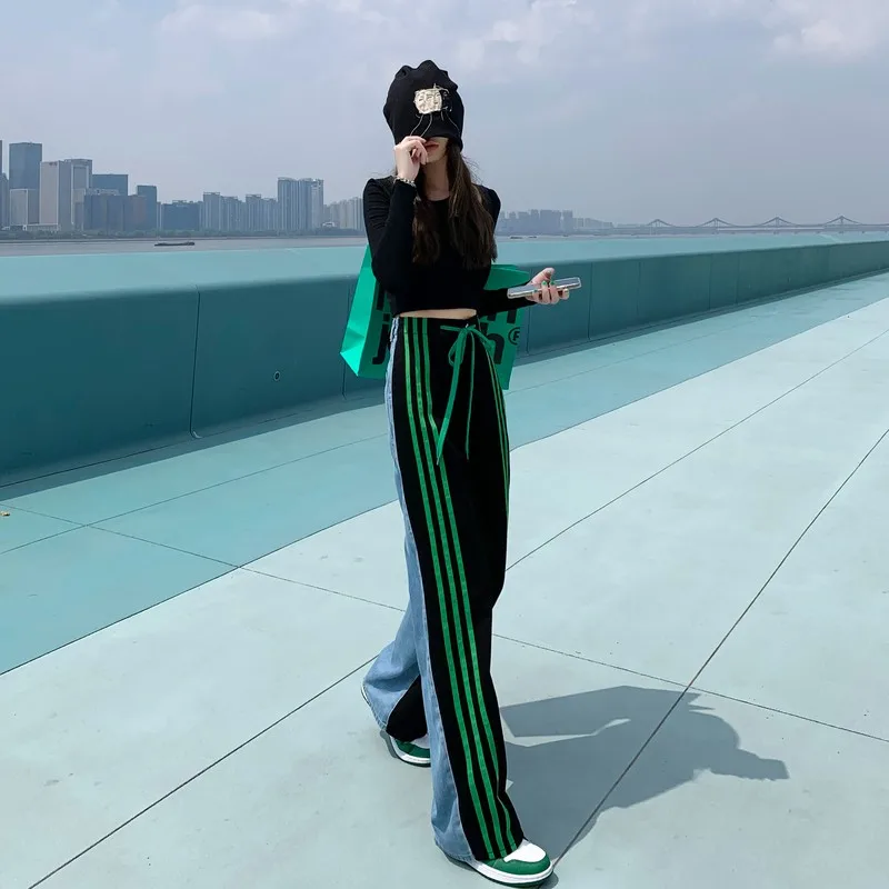 

2024 весенние джинсы с высокой талией, женские контрастные дизайнерские универсальные прямые широкие брюки со шнуровкой