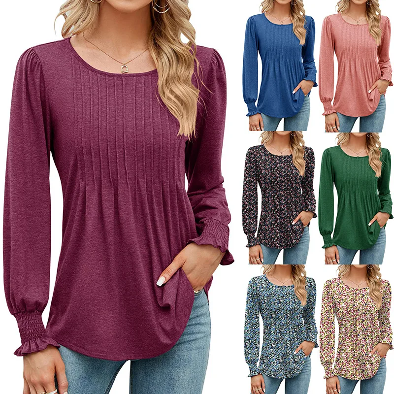 

2023 Autumn Ladies Solid Color Temperament Casual Bubble Round Neck Long Sleeve Top