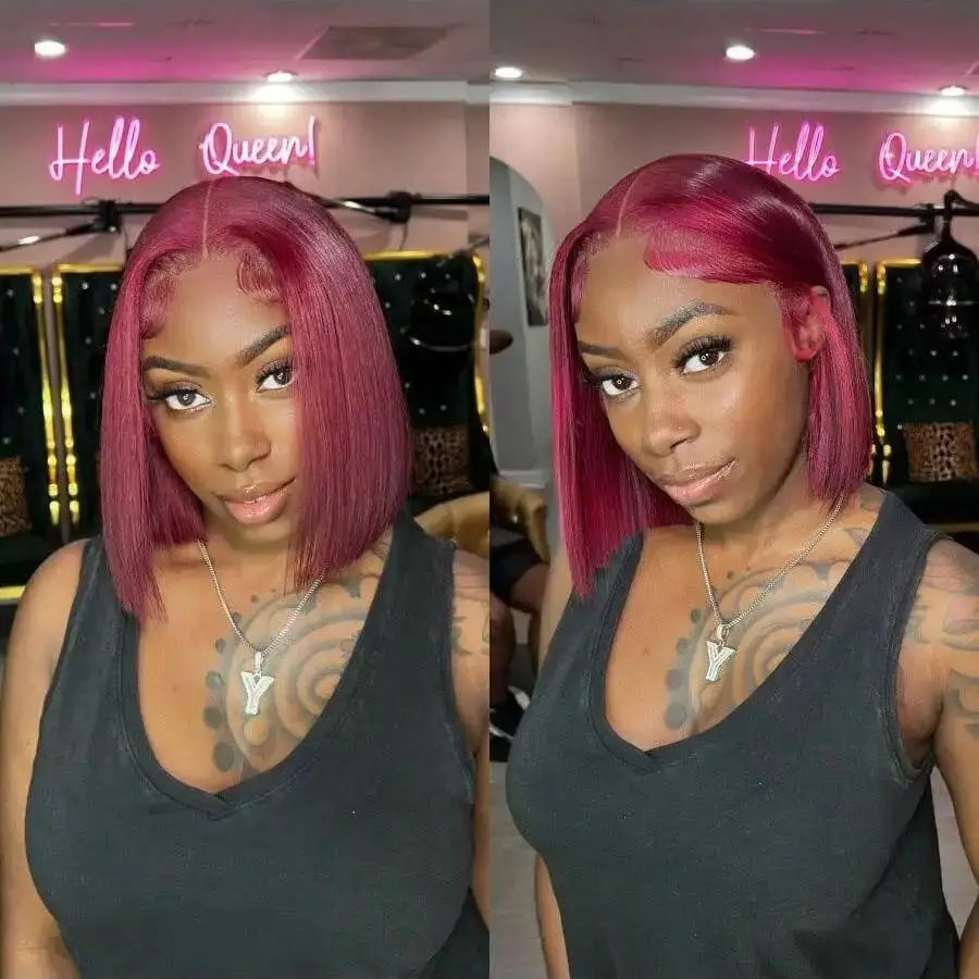 Burgundy 8-34 Inch 200% Straight Bob Wig 13x4 Transparent Lace Frontal Wig Human Hair 99J Red Colored Pre Plucked With Baby Hair 5