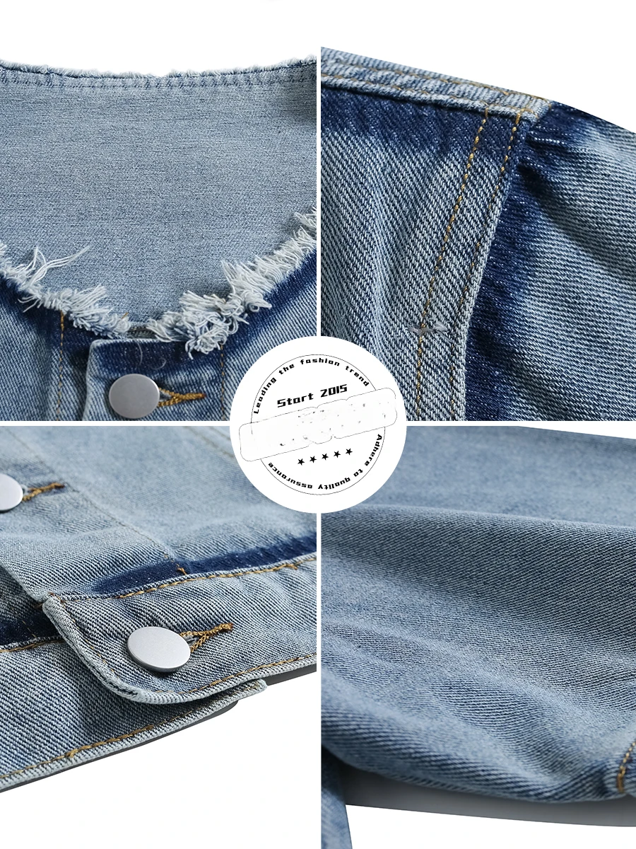 Men's High Street Shoulder Pads Raw Edges Short-sleeved Denim Shirt Trendy Summer Hip Hop Handsome Personalized Casual Loose Top