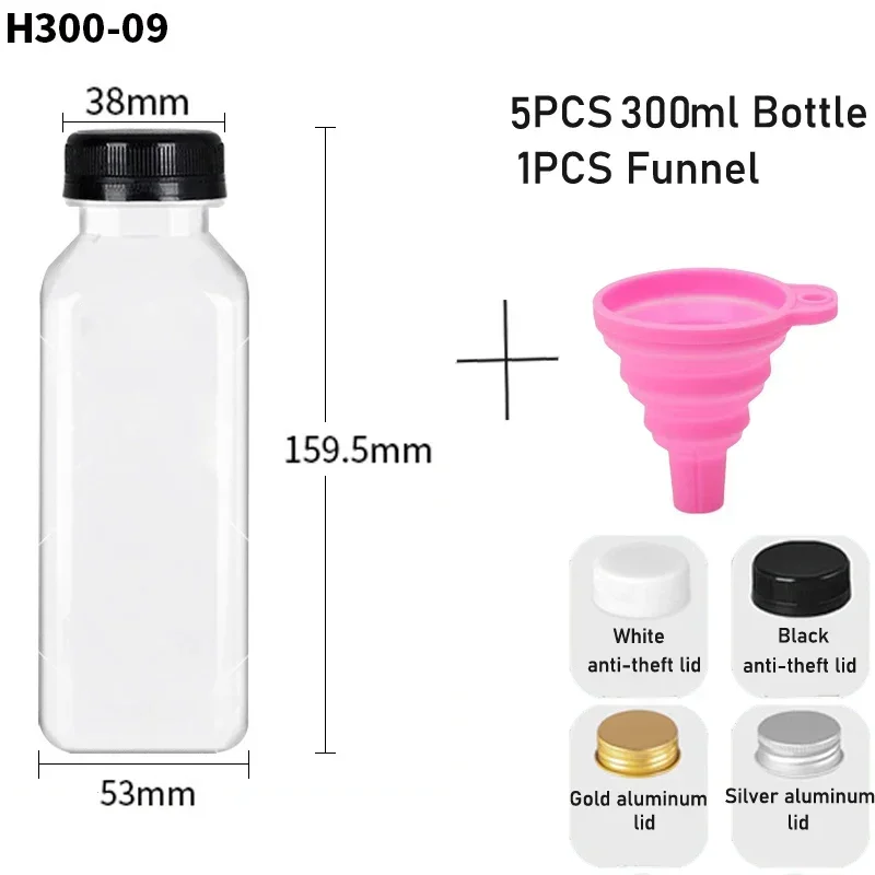 5-Pack Reusable Clear Plastic Bottles with Caps and Folding Funnel for DIY Juicing and Smoothies