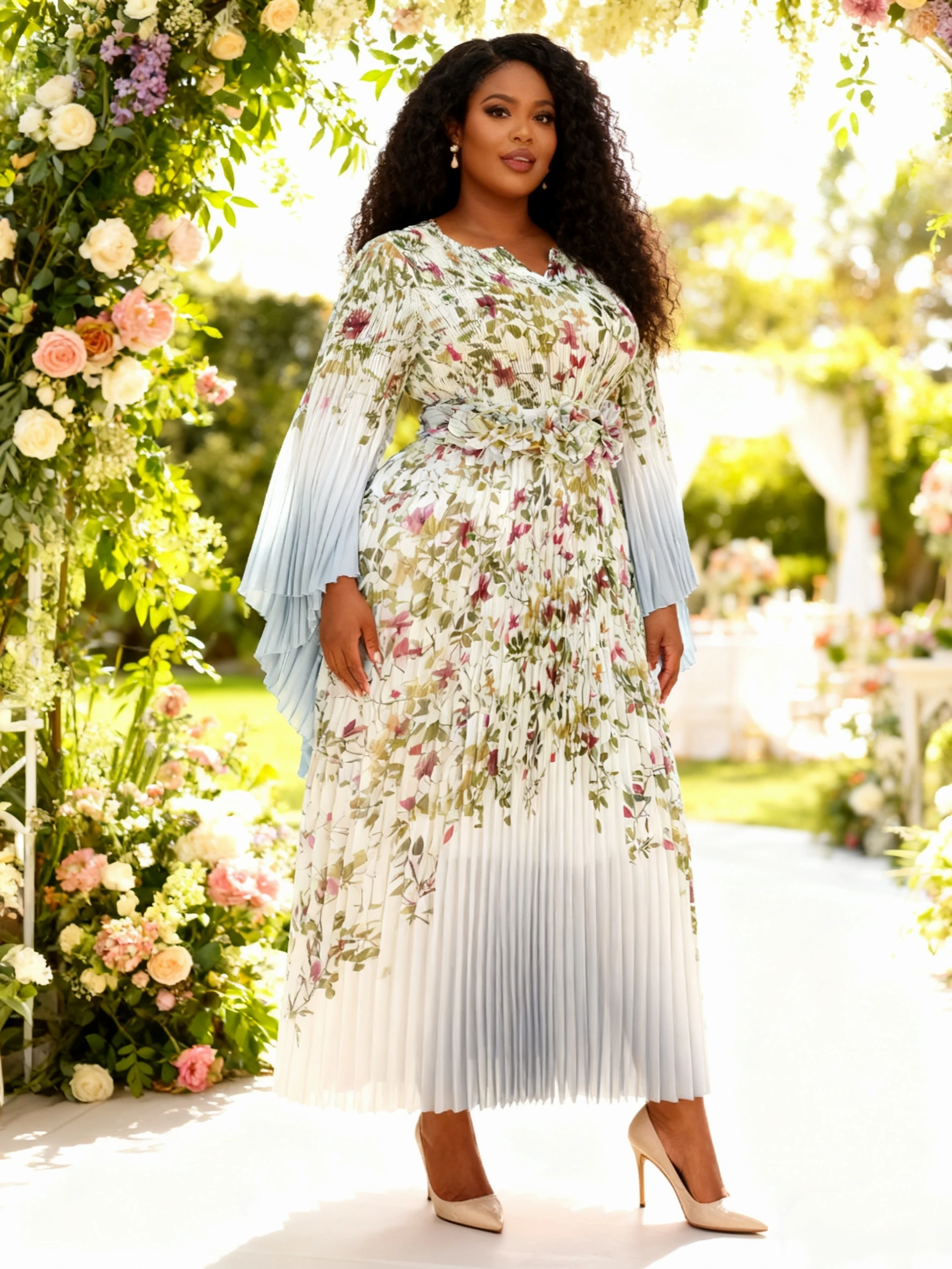 Miyaki Plus-Size Dress Organza Miyake Gown for Banquets, Social Gatherings, Elegant Evening Parties, Weddings, Gradient Style, Slim-Fit Long Dress with a High-End Feel, Fashionable Floral Belt 4