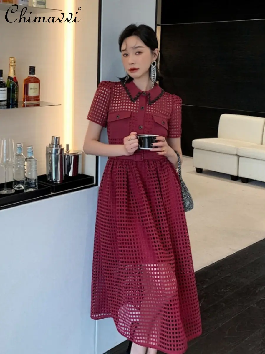 

Wine Red Hollow Lace Handmade Beaded Lapel Short Sleeve Commuter Dress Women's Fashion Waist-Controlled Long Dress Belt Attached