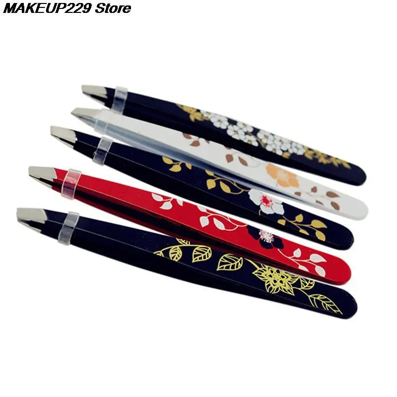 1pc Stainless Steel Eyebrow Tweezer Flower Printed Eyebrow Tweezer Slant Tip Hair Removal Makeup Tool 4
