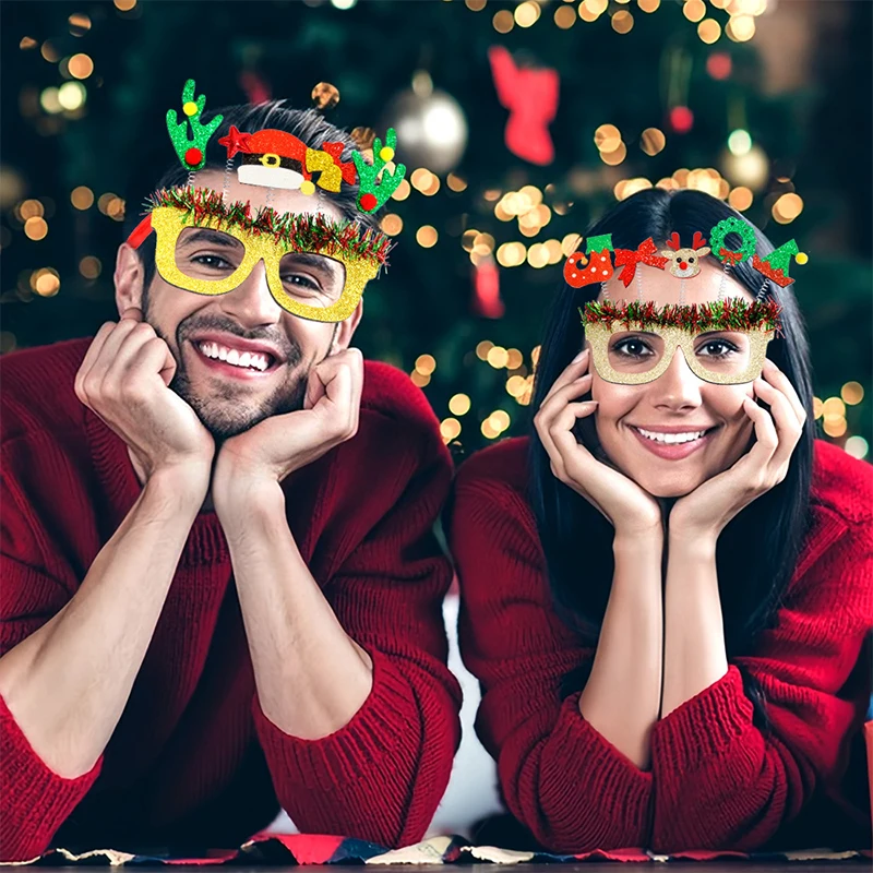 Christmas Cartoon Glasses, Festive Party Photo Props, Red And Green Striped Frames, Holiday Theme Decorations