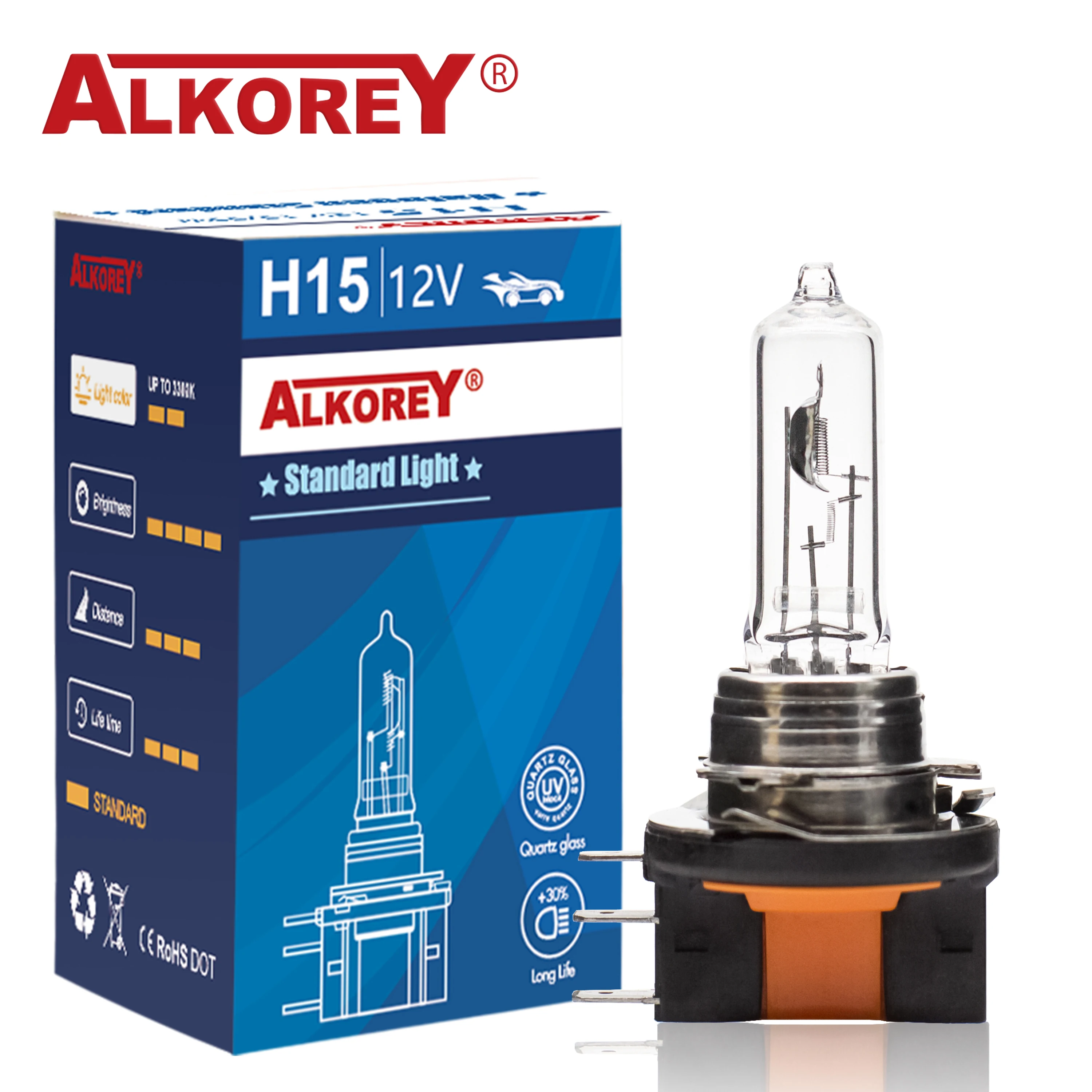 Alkorey 2PCS H15 12V 15/55W Clear Auto Headlight Bulbs Warm White 3350K Car Lights Driving Lamp Halogen Lamps 2