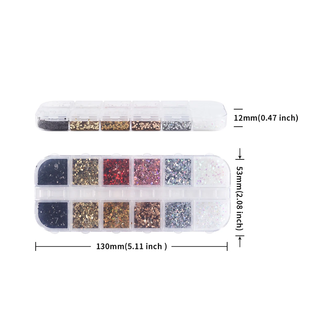 3D Mini Heart/Star Nail Glitter Sequins 12Grids 1mm Holographic Love Pentagram Flakes Nail Art Decorations