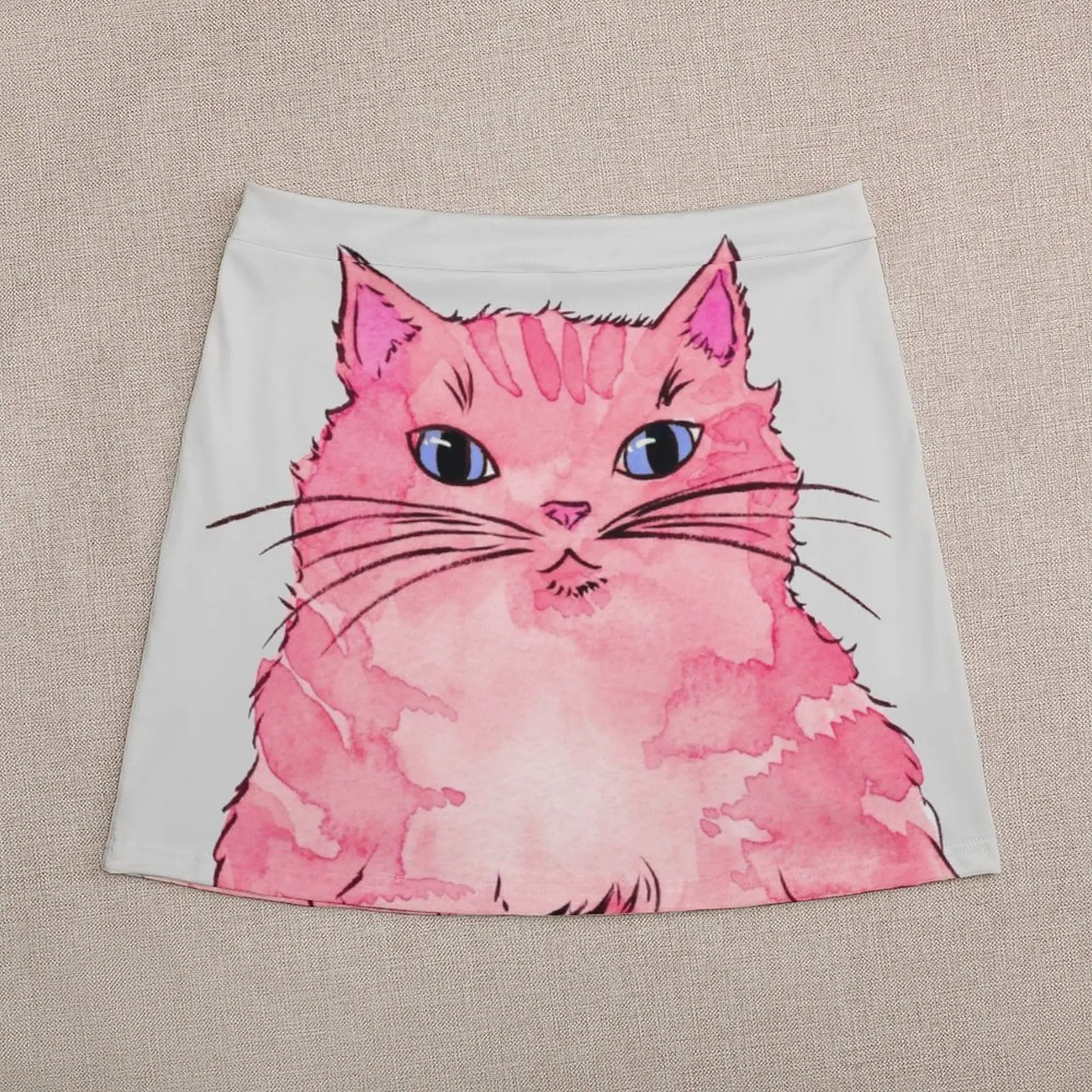 Fluffy Pink Cat in Watercolor and Ink Mini Skirt korean style clothing summer skirts korean style clothes women 2023
