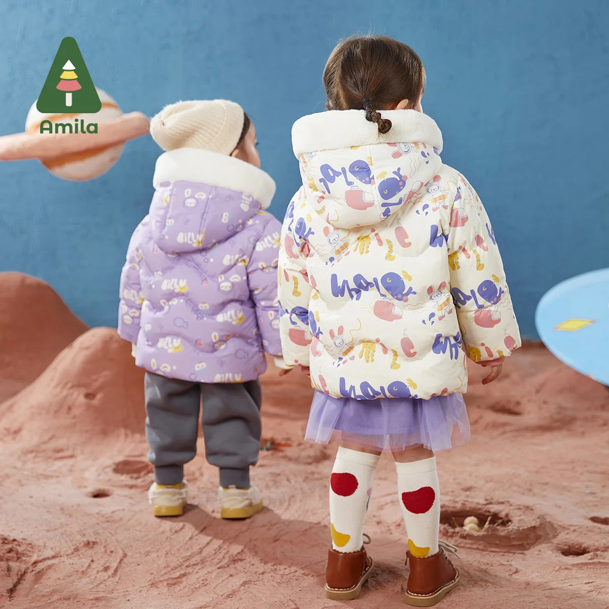 Amila Babies Coat Winter Girls Children Graffiti Casual Hooded Fur Collar Down Jacket Baby Boys Warm Fashion with Pockets Clothe