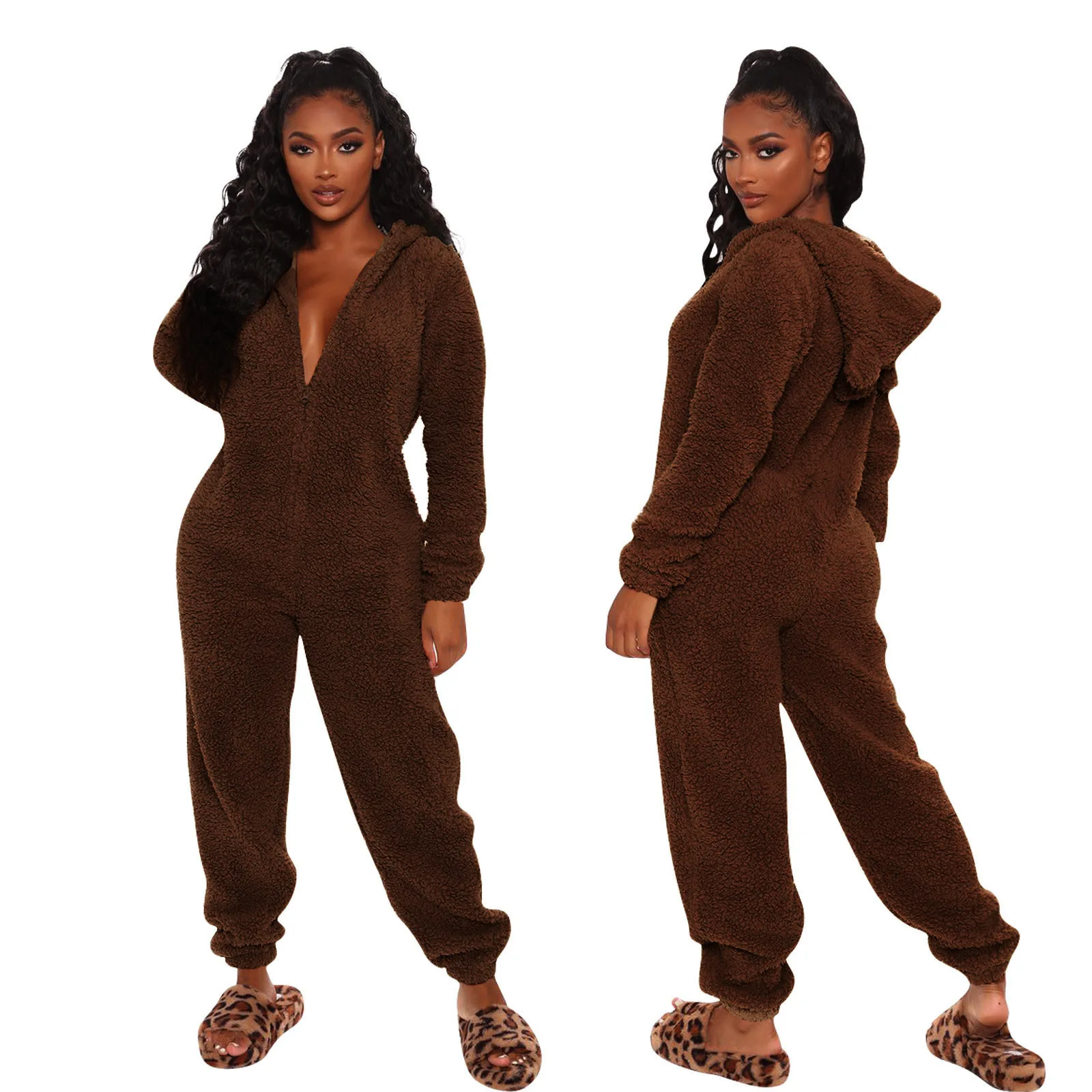 Women's Fashion Long Sleeve Hooded Faux Fur Jumpsuit Pajamas Casual Winter Warm Solid Color Cute Bear Rompers Homewear NEW