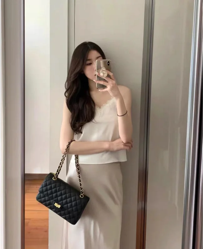 Damen Stepptasche Aus Lammleder Mit Kette Umhängetasche_voghion.com