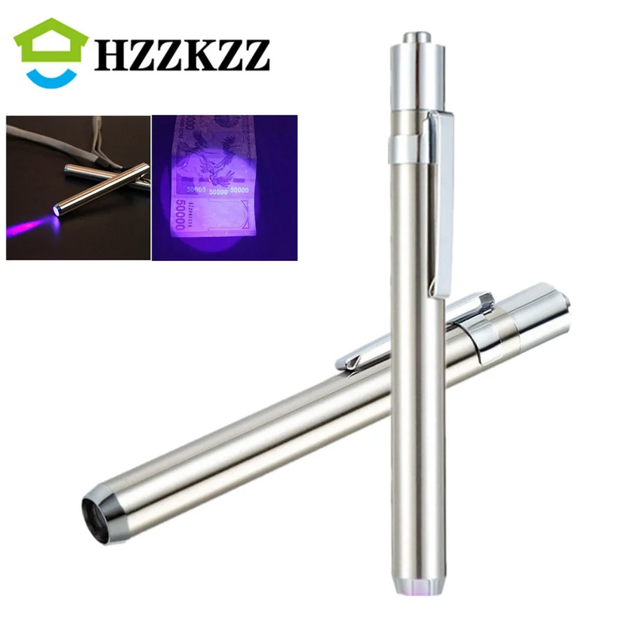 HZZKZZ LED Mini Stainless Steel Lamp 395/365 UV Flashlight Torch Ultra Violet Light AAA Battery for Marker Checker Detection website checker