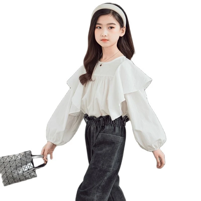 Blusas coreanas blancas para niños, camisas de manga larga de chicas adolescentes, blusa holgada de algodón sólido con volantes, adolescentes|Blusas camisas| - AliExpress