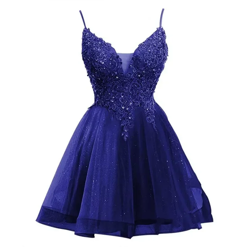 

Spaghetti Strap Sequined Cocktail Evening Dress V-neck Party Mini Dress Luxury Appliques Sparkle Prom Ball Gown Vestido