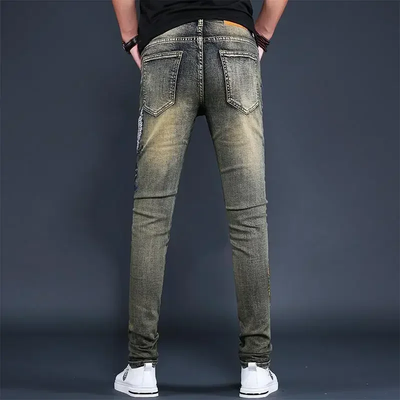 Man Cowboy Pants with Holes Torn Men's Jeans Ripped Trousers Broken Slim Fit Tight Pipe Vintage Embroidery Skinny Graphic Xs Y2k