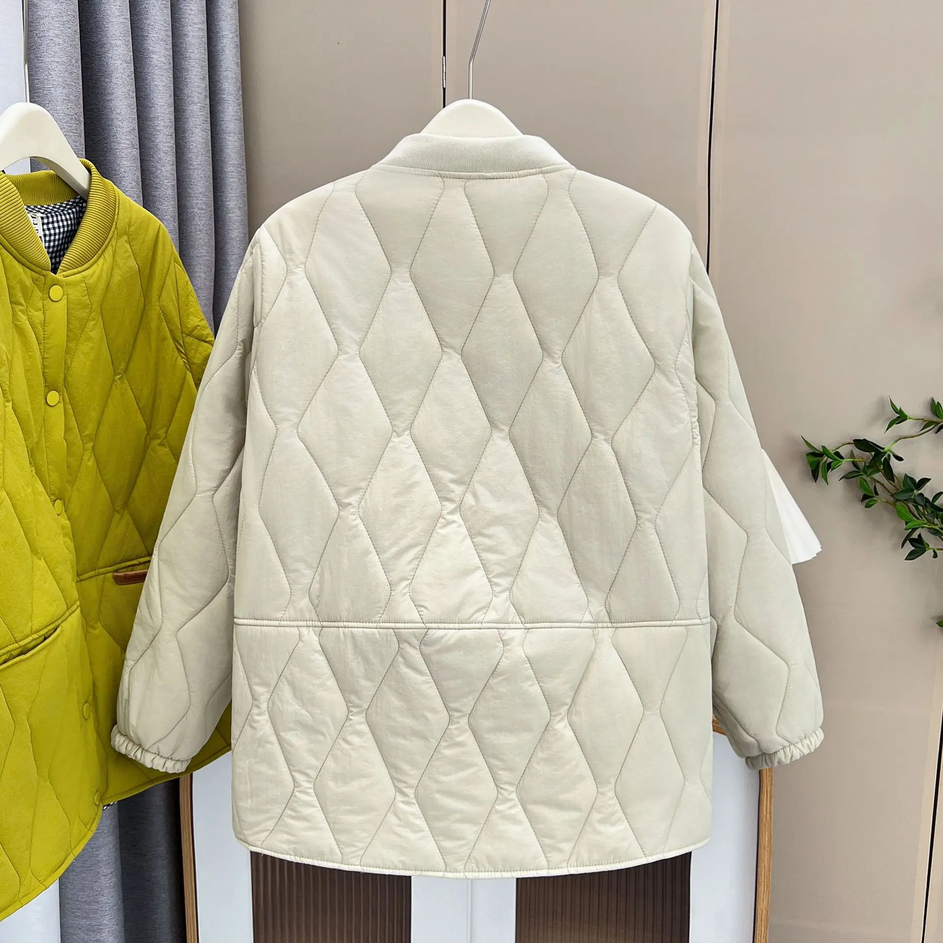 Autumn Winter 100kg Simple Thin Cotton-padded Jacket Plus Size Women's Warm Argyle Parka