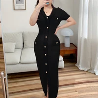 YuooMuoo Chic Fashion Elegant Wrap Hips Knitted Dress Women Brand Fashion Pearls Single-breasted Bodycon Office Lady Vestidos - Image 3