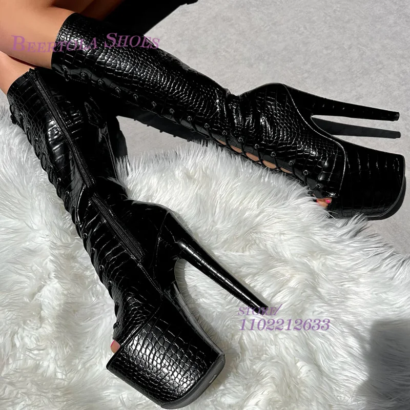 

Black Stone Pattern Stiletto Boots Side Zipper Full Leather Solid Pleated Booties Pole Dance Women Sexy Lace Up 15Cm Heel Shoes