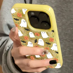 Spooky Ghosts & Pumpkin Halloween Phone Case - Festive Textured Bumper Cover - iPhone 15 (Yellow)
