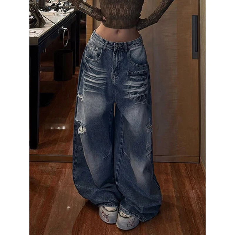 YIBASHU 2026 Summer Women's Ripped Denim Pants Y2K Men Wide Fit Baggy Jean Japanese Harajuku Jean Punk Tide Mom Jeans Boyfriend 3