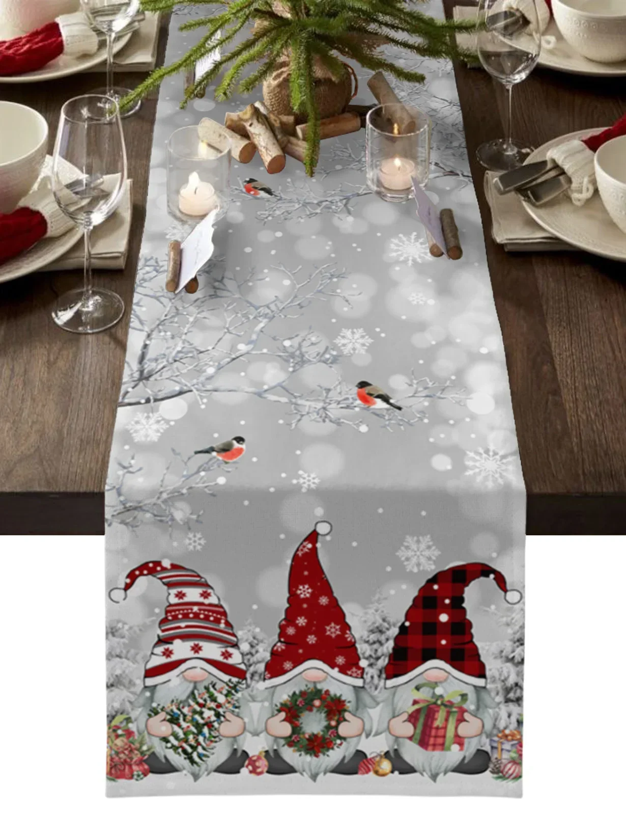 Christmas Snow Scene Snowflakes Gnome Grey Table Runner Xmas Table Flag Cover Decorazioni Per La Casa Navidad Noel Gifts Tovaglia