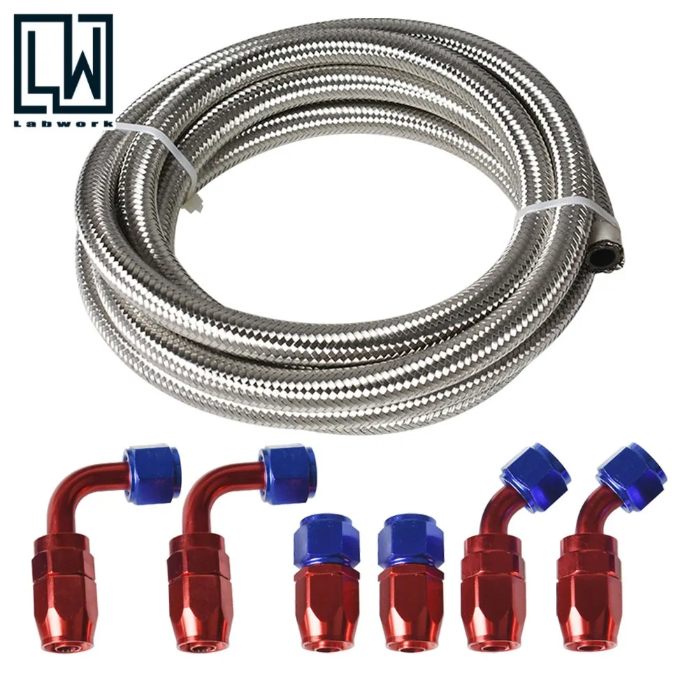 

10 Ft Braided SS Fuel Line Filler Feed Hose 6PCS Rotary Swivel Hose Ends Kit