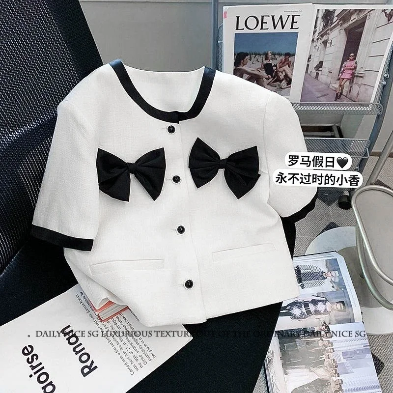 

2023 Summer New Western Style Versatile Small Fragrance Bow Tie Short Style Slim Short Sleeve Thin Coat Women's Outwear