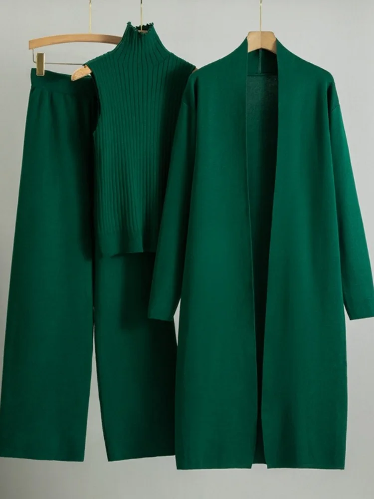 Wmstar 3 Piece Sets Wholesale Loose Knitted Suit for Women in Fall and Winter Long Shawl Cardigan High Neck Vest Wide Leg Pants