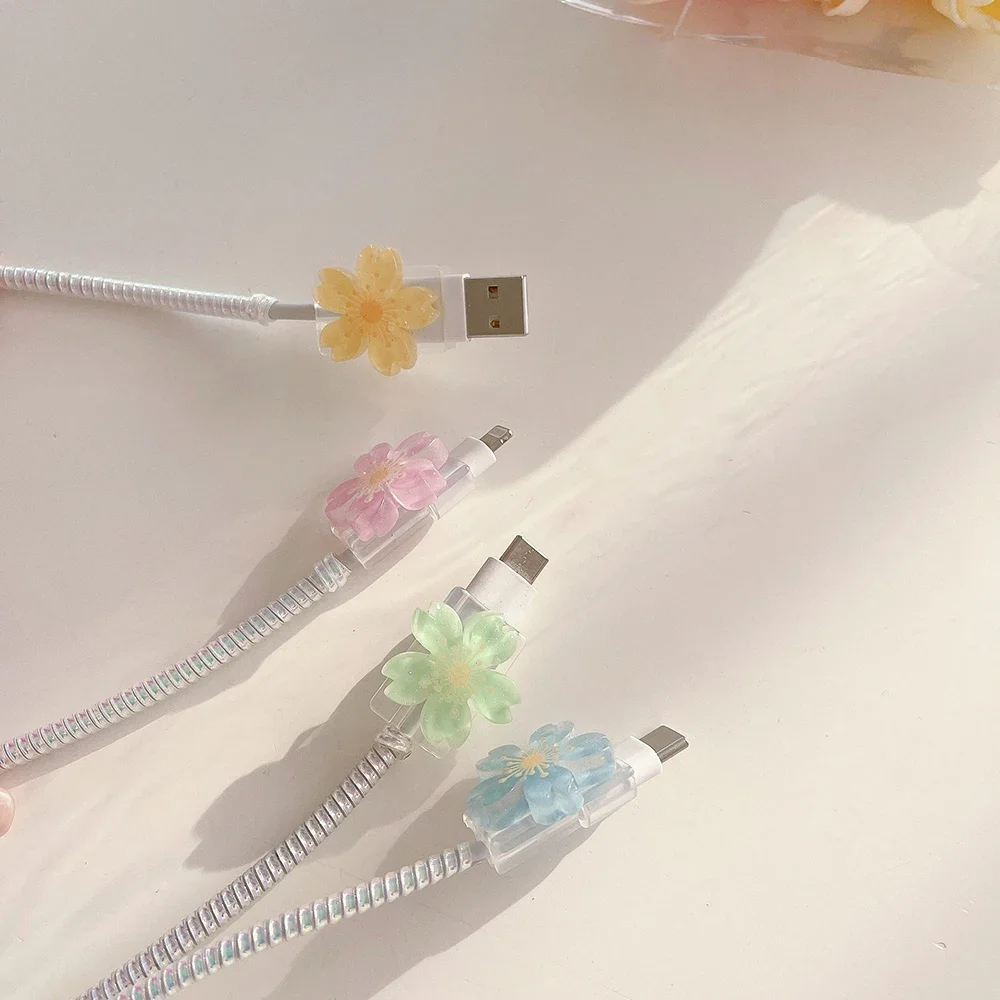 Cherry Blossom Cable Protector Kawaii Soft TPU Cover USB Charger Data Line Cord Case for iPhone Android Office Desktop Organizer